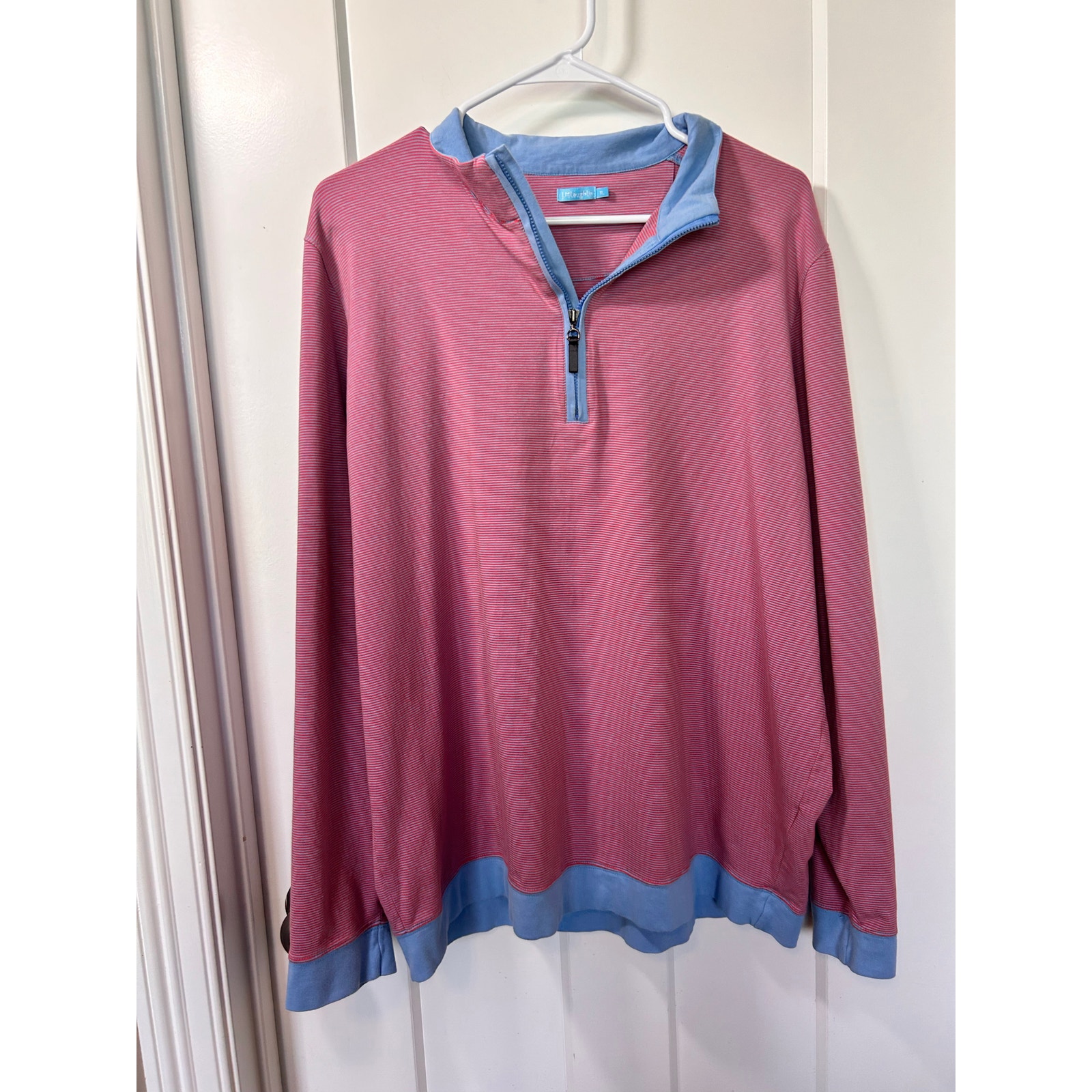 J. Mclaughlin Men Stripe Quarter Zip Pullover Sweatshirt Stretch Red Blue Sz Xl